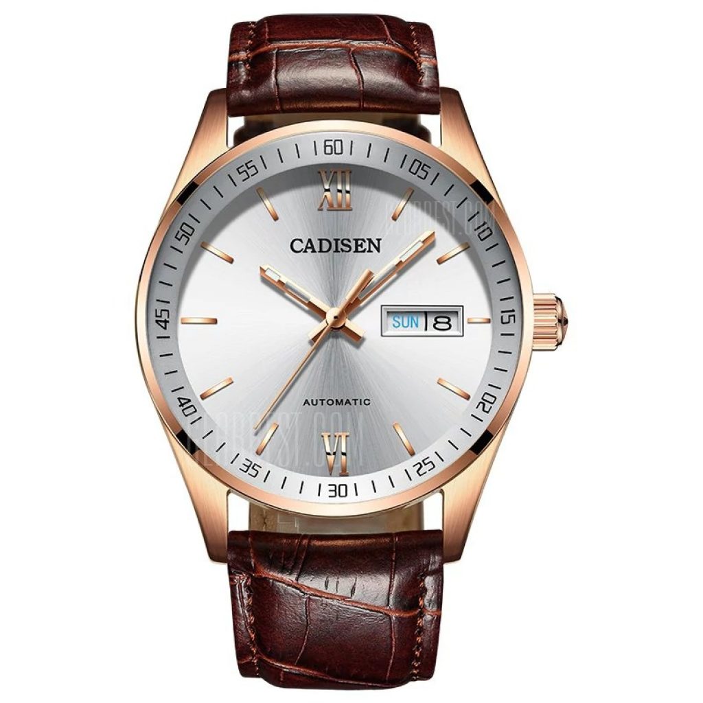 gearbest, Hot Sale Cadisen Men Watches Top Luxury Sapphire Glass 50M Waterproof Automatic Mechanical Business Role Style Watch - BROWN LEATHER BAND+WHITE DIAL