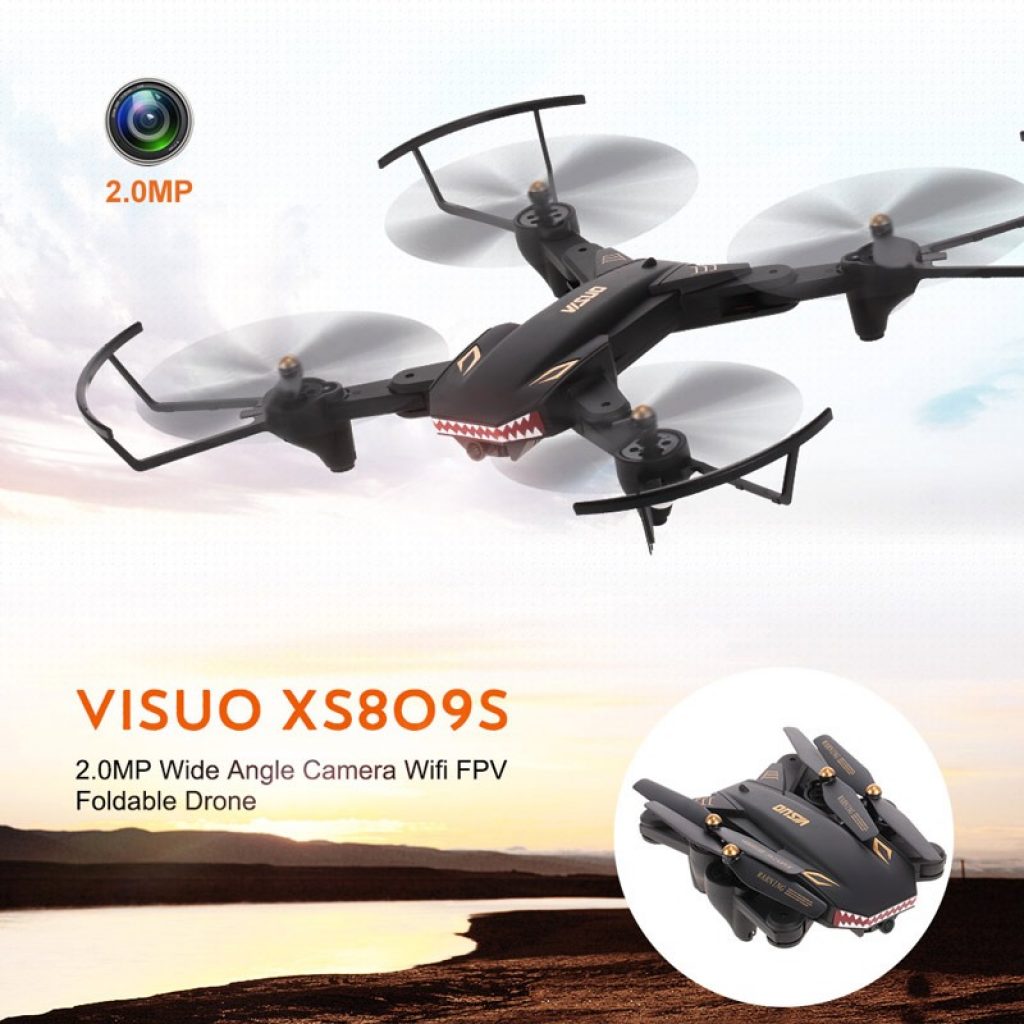 coupon, tomtop, VISUO XS809S 2.0MP HD Wide Angle Camera Foldable 20mins Flight Time SHARKS Drone Wifi FPV RC Quadcopter RTF