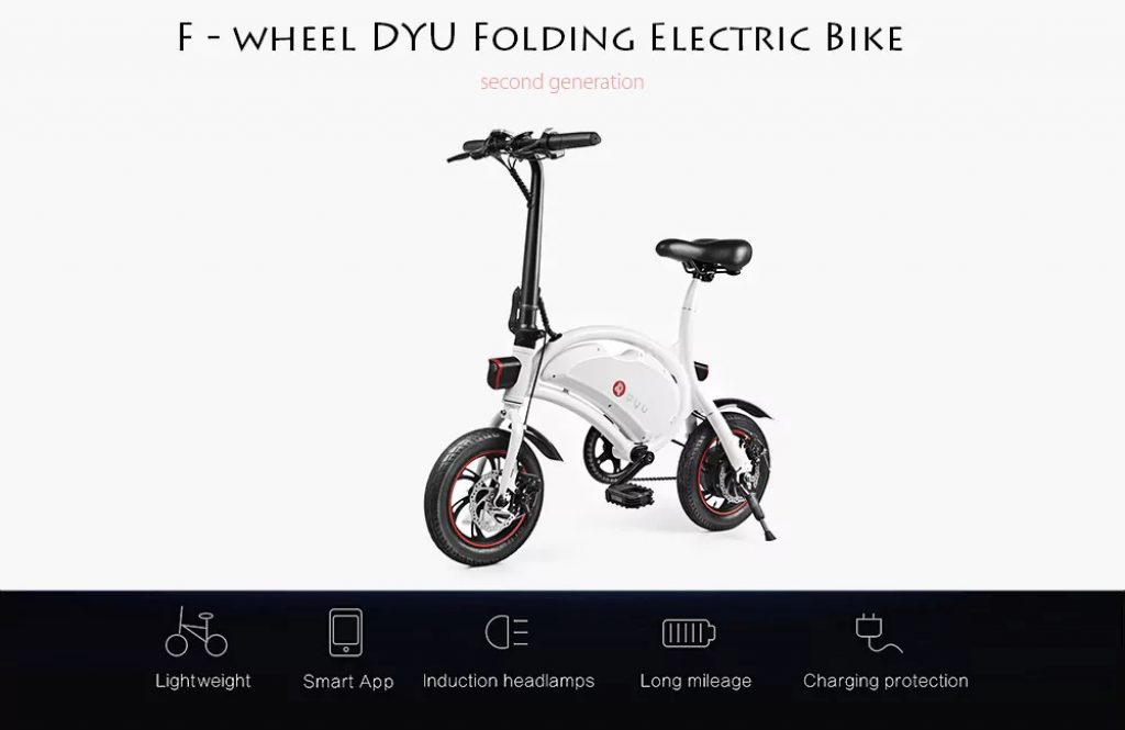 coupon, gearbest, F - wheel DYU D2 Folding Electric Bike 5.2Ah Battery EU Plug - WHITE