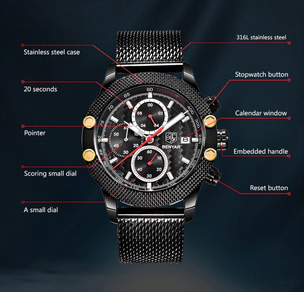 coupon, gearbest, BENYAR Sport Chronograph Fashion Mesh Waterproof Luxury Brand Quartz Watch - MULTI-C