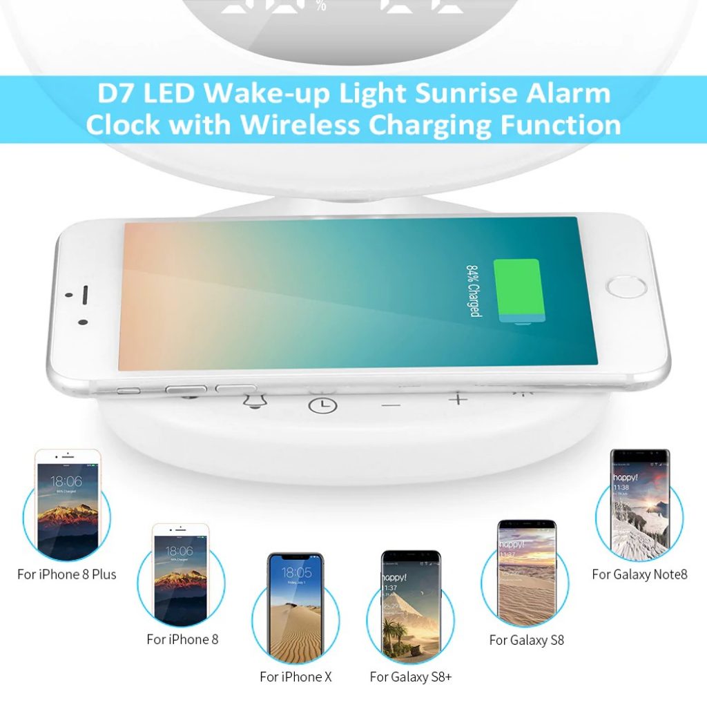 coupon, gearbest, D7 LED Wake-up Light Sunrise Alarm Clock with Wireless Charging Function
