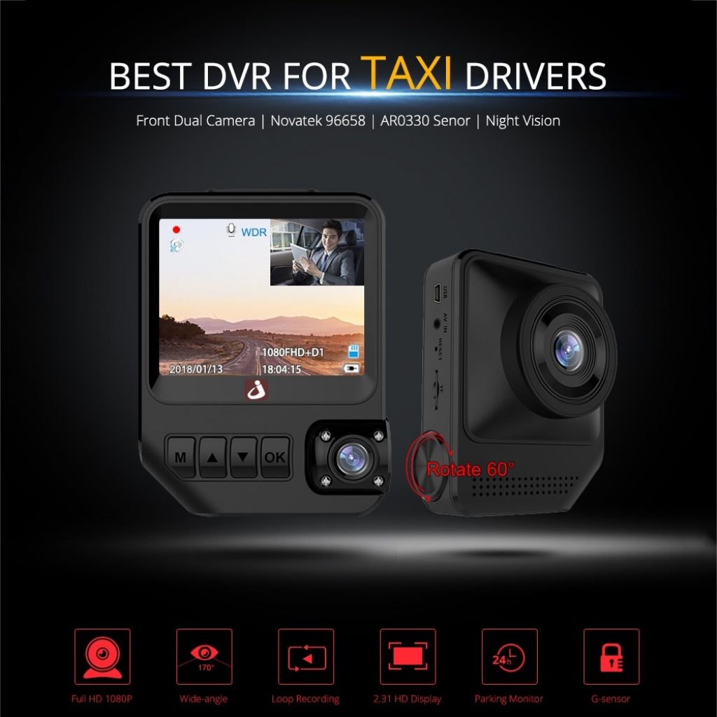 coupon, gearbest, junsun Q2 2.31 inch Dual Lens Car DVR Camera 1080P Dashcam