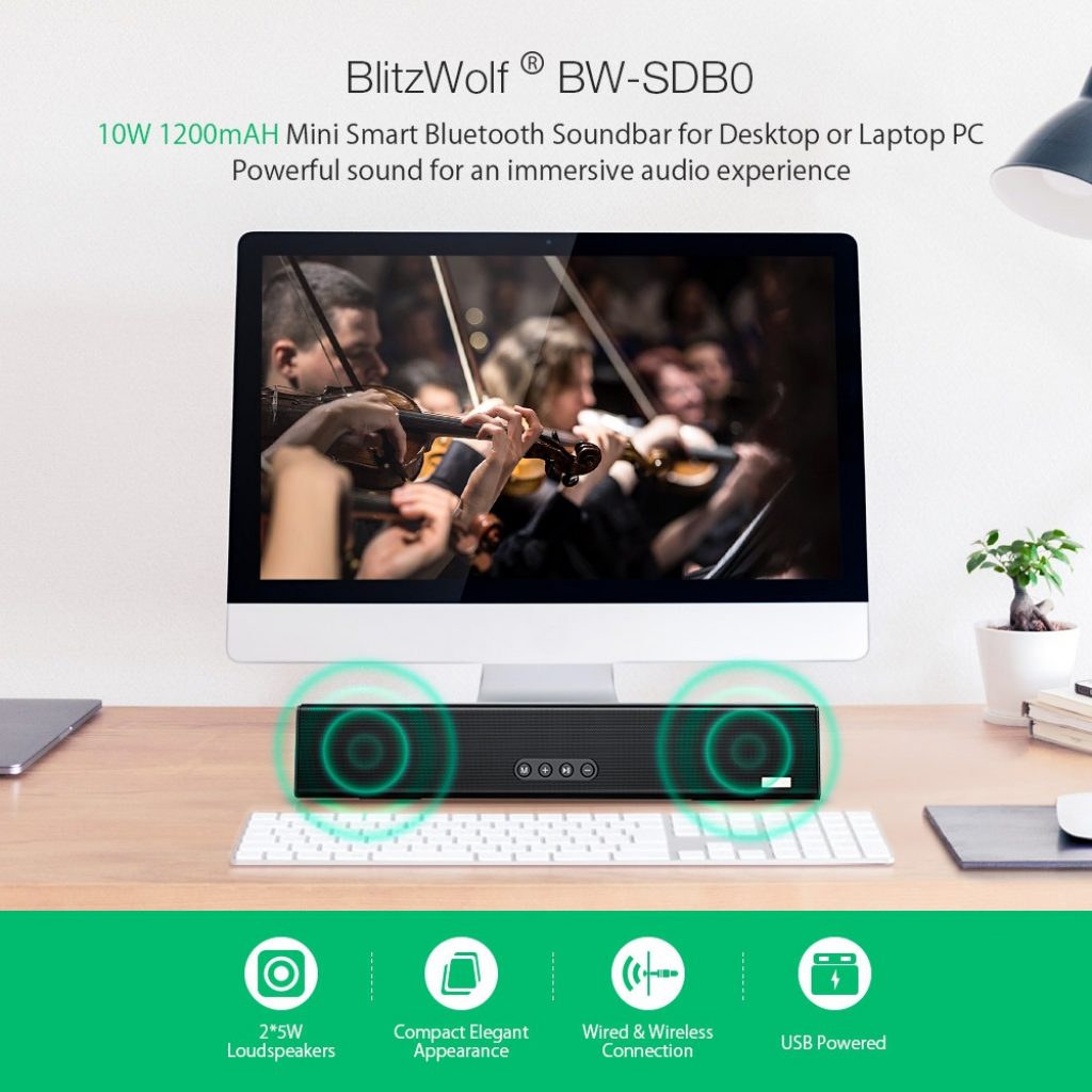 Blitzwolf® BW-SDB0 10W 1200mAH Mini Smart Bluetooth Soundbar for Desktop or Laptop PC, coupon, BANGGOOD