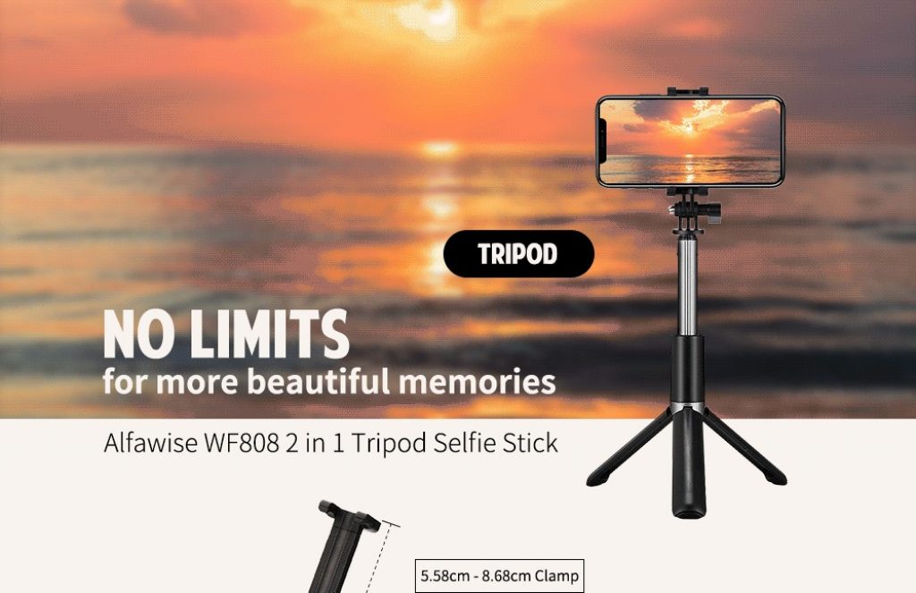 coupon, gearbest, Alfawise WF808 Aluminum Alloy Private Mode Tripod Selfie Stick Combo