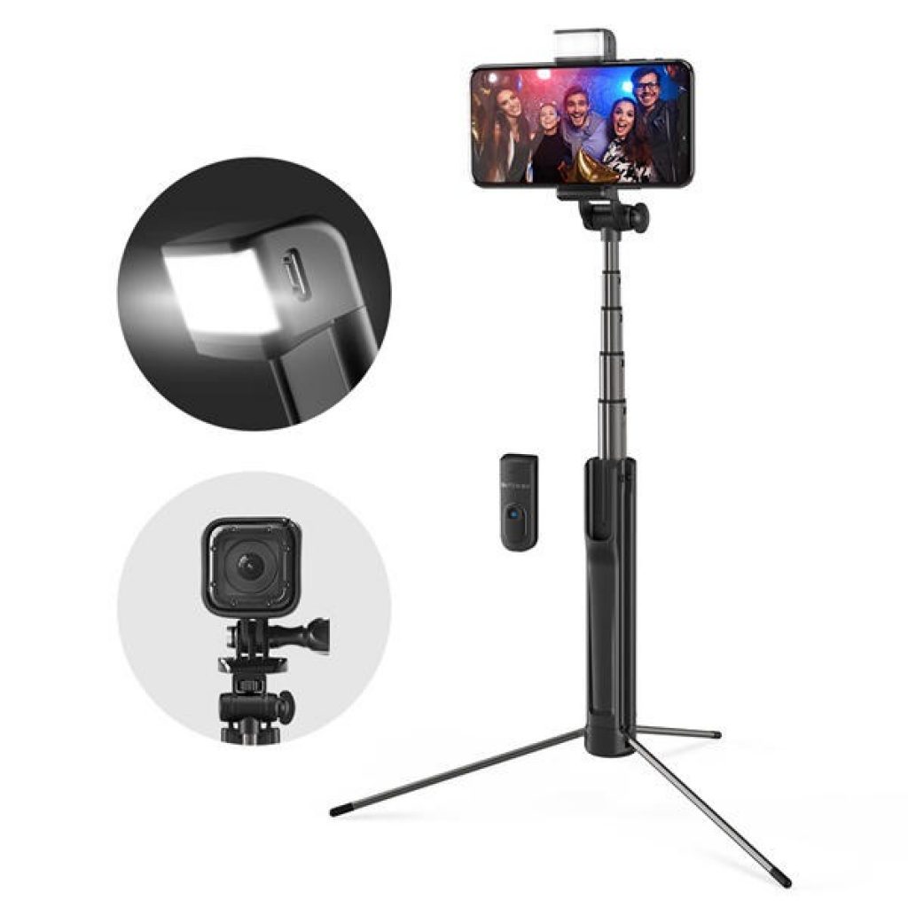 Blitzwolf BW-BS8 Extendable bluetooth Tripod Selfie Stick With LED Fill Light For Phone Sport Camera - Black, coupon, BANGGOOD