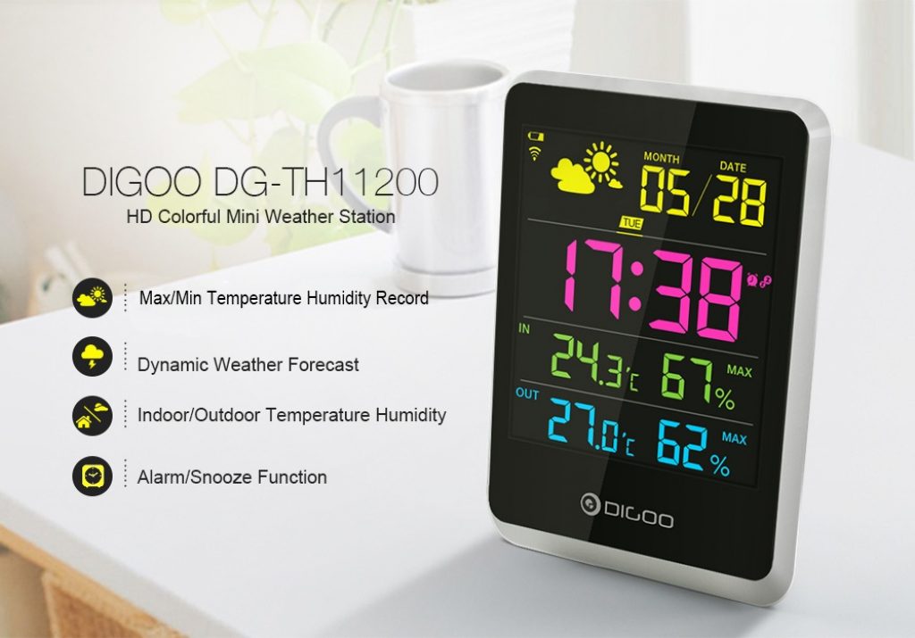 coupon, banggood, DIGOO DG-TH11200 HD Colorful Mini Weather Station Outdoor Indoor Thermometer Hygrometer Temperature Humidity Sensor Clock with Snooze Function Calendar