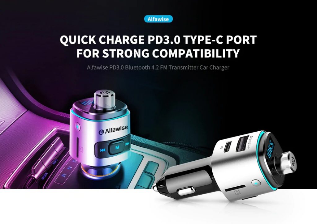 coupon, gearbest, Alfawise PD3.0 Bluetooth 4.2 FM Transmitter Fast Charge Car Charger