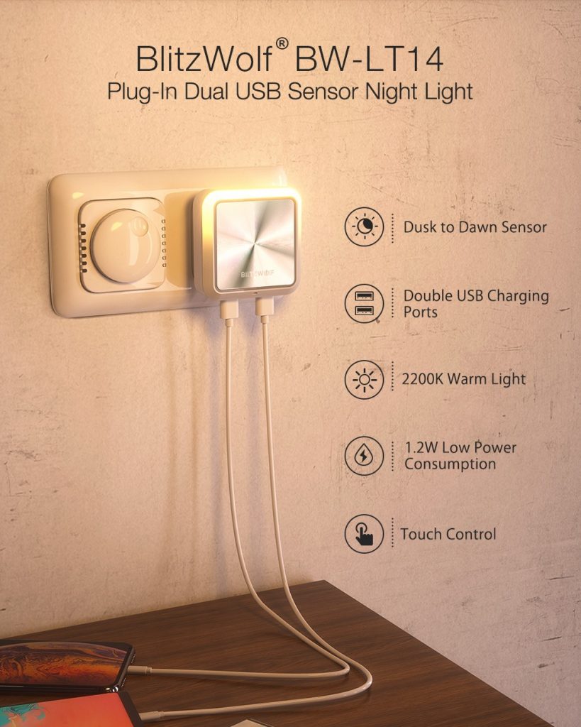 coupon, banggood, BlitzWolf® BW-LT14 Plug-in Smart Light Sensor LED Night Light with Dual USB Charging Socket