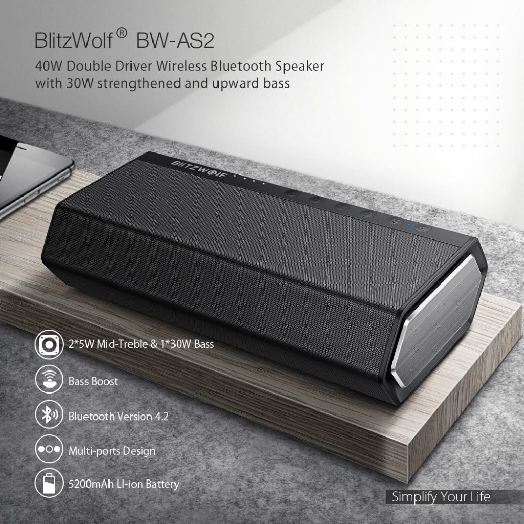 coupon, banggood, BlitzWolf® BW-AS2 40W 5200mAh Double Driver Wireless bluetooth Speaker 30W Strengthened Upward Bass Hands-free Aux-in Speaker