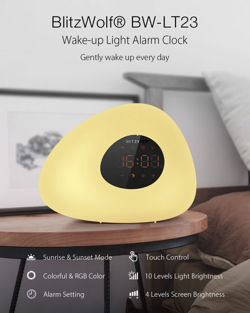 coupon, banggood, BlitzWolf® BW-LT23 Wake-up Light Alarm Clock with Sunrise & Sunset Mode Touch Control RGB Dimmable Night Lamp