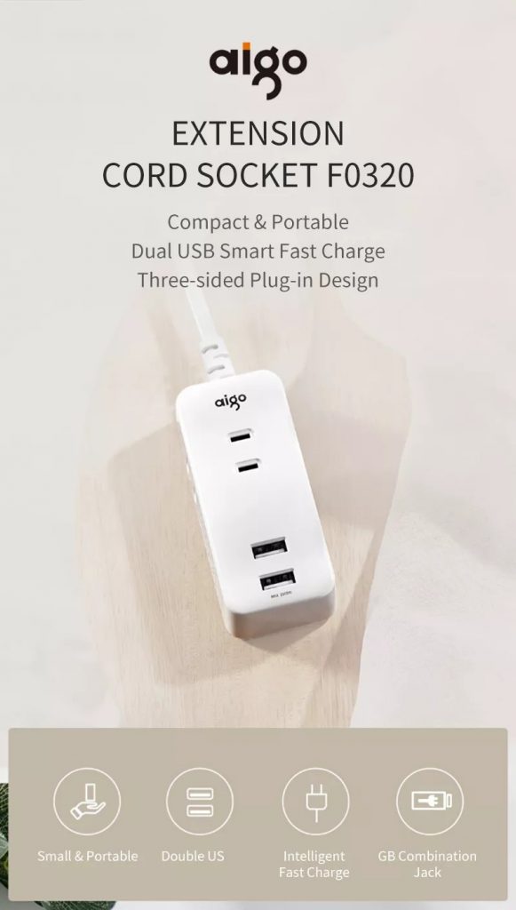 coupon, banggood, Aigo F0320 Socket Board from Xiaomi Youpin Dual USB Smart Fast Charge Portable Three Sides Can Be Plugged In Power Outlet