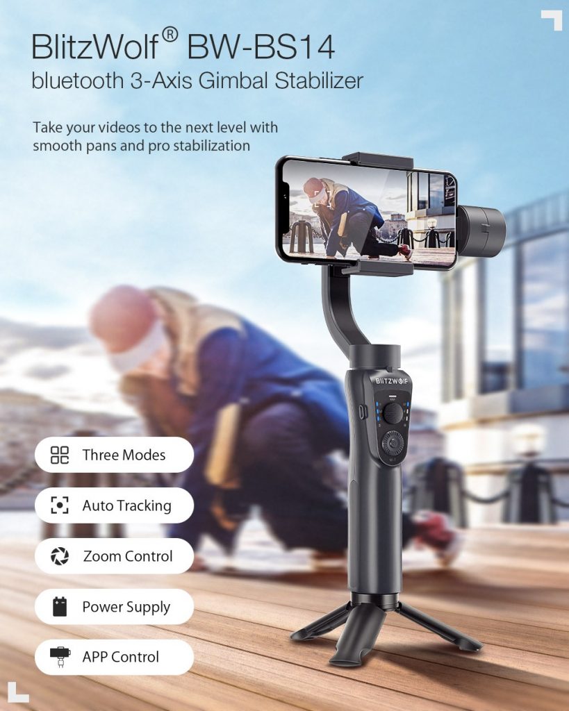 coupon, banggood, BlitzWolf® BW-BS14 bluetooth 3-Axis Gimbal Stabilizer With Three Adjustable Modes for Mobile Phones