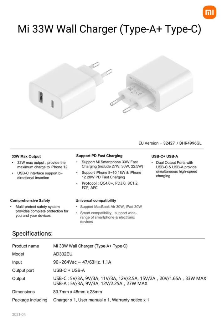 15 With Coupon For Original Xiaomi 33w 2 Port Qc4 0 Pd3 0 Fast Charging Usb C Usb A Charger Adapter Support Qc4 0 Pd3 0 1 2 Fcp Afc Eu Plug For Iphone 12 Pro Max For Xiaomi Redmi Note