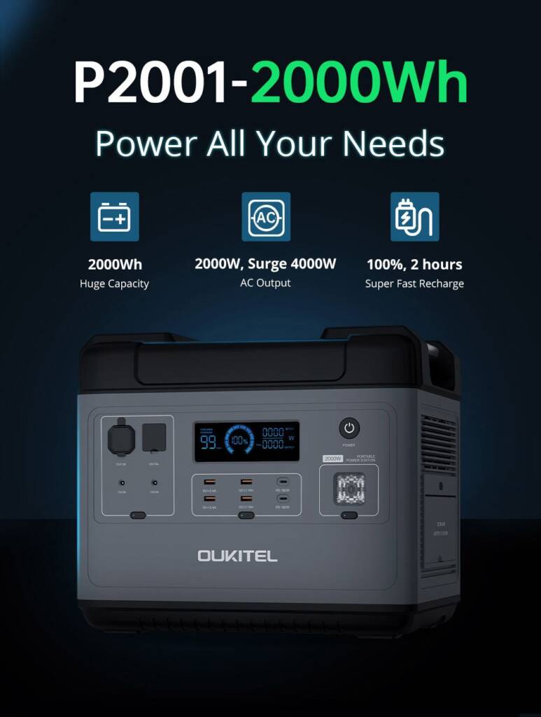 coupon, geekbuying, OUKITEL-P2001-Ultimate-2000W-Portable-Power-Station-Flashfish-SP18V-100W-Portable-Solar-Panel