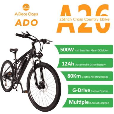 €758 with coupon for ADO A26 500W 36V 12.5Ah 26in Snow Tire Electric Bicycle 35km/h Max Speed 70Km Mileage 120Kg Max Load from EU CZ warehouse BANGGOOD