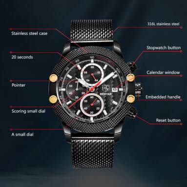 $20 with coupon for BENYAR Sport Chronograph Fashion Mesh Waterproof Luxury Brand Quartz Watch – MULTI-C from GearBest