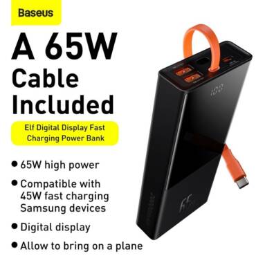 €49 with coupon for Baseus 65W 20000mAh 74Wh Power Bank Digital Display External Battery With 65W Type-C Two-Way Cable & 65W USB-C PD & 30W SCP USB-A * 2 Fast Charging For iPhone 13 Mini 13 Pro Max For Samsung Galaxy S22 MacBook Air M1 from EU CZ warehouse BANGGOOD