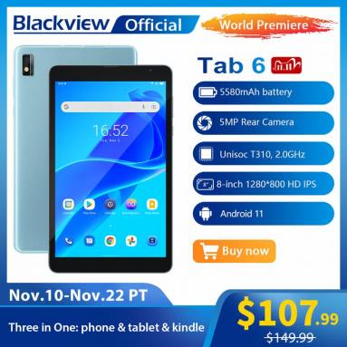 $102 with coupon for Blackview Tab 6 8 inch 3GB+32GB 5580mAh 4G+Wifi Android 11 Tablet from BLACKVIEW Official Store