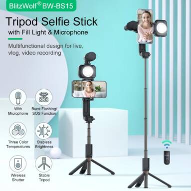 €14 with coupon for BlitzWolf® BW-BS15 bluetooth Tripod Selfie Stick with Fill Light with Condensor Microphone Wireless Selfie Stick Selfie Lights for Live Vlog Video Record from EU ES warehouse BANGGOOD