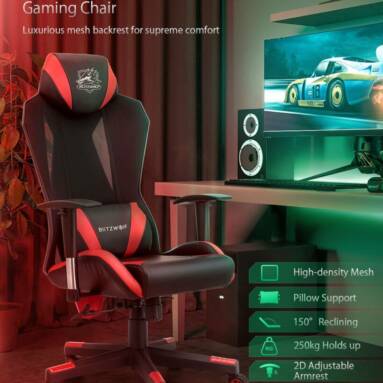 €85 with coupon for BlitzWolf® BW-GC6 Gaming Chair with High-density Mesh 150°Reclining 2D Adjustable Armrest Pillow Support Widened Cushion & Back Home Office – Red from EU PL warehouse BANGGOOD