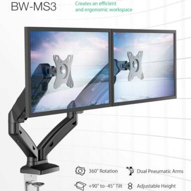 €46 with coupon for BlitzWolf® BW-MS3 Dual Monitor Stand with Dual Pneumatic Arms, 360° Rotation, +90° to -45° Tilt, 180°Swivel, Adjustable Height and Cable Management from EU CZ warehouse BANGGOOD