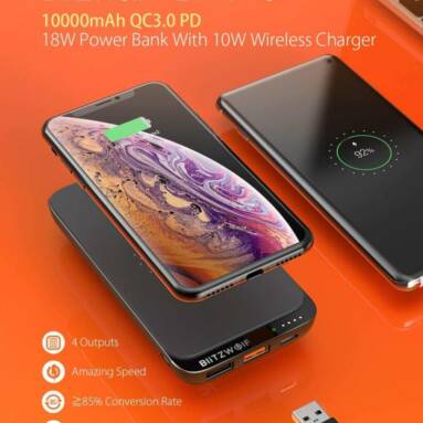 €13 with coupon for BlitzWolf® BW-P10 10000mAh QC3.0 PD18W Power Bank 10W Wireless Charger with 4 Outputs from EU CZ warehouse BANGGOOD