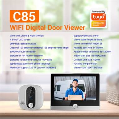 €59 with coupon for C85 Tuya Smart WiFi Video Doorbell 1080P Peephole Camera from BANGGOOD
