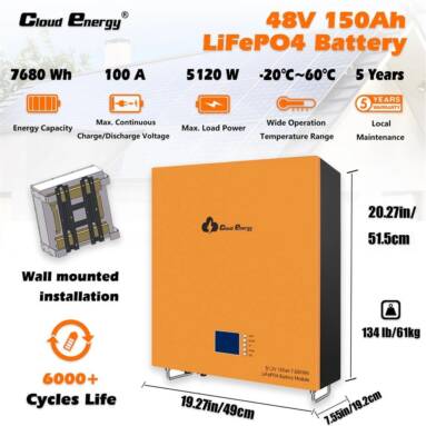 €1999 with coupon for Cloudenergy 48V 150Ah Wall Mounted Lithium LiFePO4 Deep Cycle Battery Pack from EU warehouse GEEKBUYING