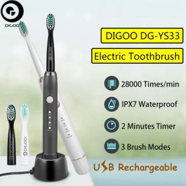 €11 with coupon for Digoo DG-YS33 3 Brush Modes Essence Sonic Electric Wireless USB Rechargeable Toothbrush IPX7 Waterproof With 2 Toothbrush Head – Black from BANGGOOD