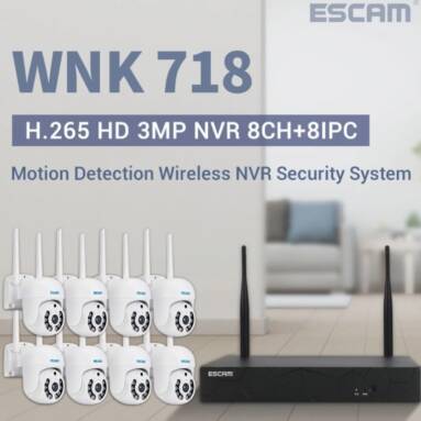 €187 with coupon for ESCAM WNK718 3MP 8CH Wireless PTZ IP Camera Wireless CCTV Security System NVR Kit Motion Sensor Detection Dual Light Two-way Voice Control from BANGGOOD