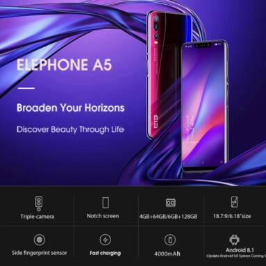 $189 with coupon for Elephone A5 Global Version 6.18 Inch FHD+ 4000mAh Triple Rear Camera 6GB 128GB Helio P60 Smartphone from BANGGOOD