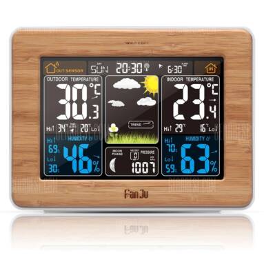 $25 with coupon for FanJu FJ3365 Weather Station Color Forecast with Alert | Temperature | Humidity | Barometer | Alarm | Moon phase |  –  WOOD from GearBest