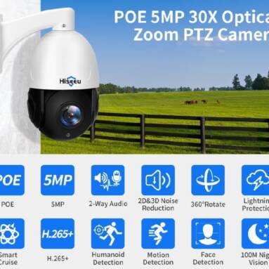 €122 with coupon for Hiseeu 5mp 30X Optical Zoom PTZ IP POE Security Surveillance Camera CCTV 2-Way Audio Record Outdoor Street Motion Detection Waterproof from BANGGOOD