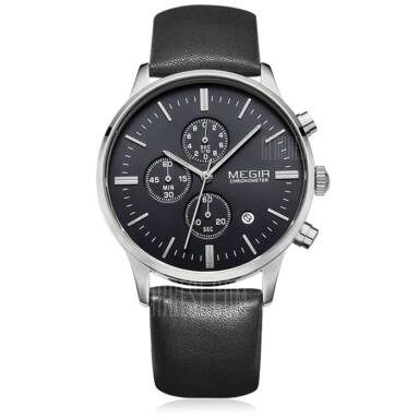 $14 with coupon for MEGIR 2011 Water Resistance Male Japan Quartz Watch with Date Function Genuine Leather Band  –  BLACK SILVER BLACK from GearBest
