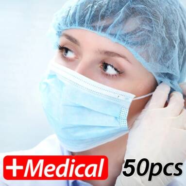 €38 with coupon for 50PCS Medical Disposable Face Masks 3 Ply Breathable Comfortable Filter Safety Mask from GEARBEST