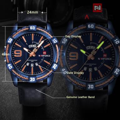 $17 with coupon for Naviforc 9117L Men Waterproof Sports Leather Band Watch – BLUE GRAY from GearBest