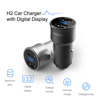 39% OFF ROCK H2 Dual USB Car Charger with Digital LED,limited offer $6.99 from TOMTOP Technology Co., Ltd