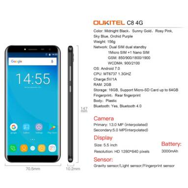 45% OFF OUKITEL C8 2G+16G 5.5 Inch 4G Smartphone,limited offer $74.99 from TOMTOP Technology Co., Ltd