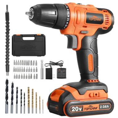 €19 with coupon for TOPSHAK TS-ED3 20V 10mm Electric Drill 2 Gear Speed Adjustment Switch Stepless 30N.m Torque W/1pc Battery EU/US Plug and 43pcs Accessories from EU ES warehoue BANGGOOD