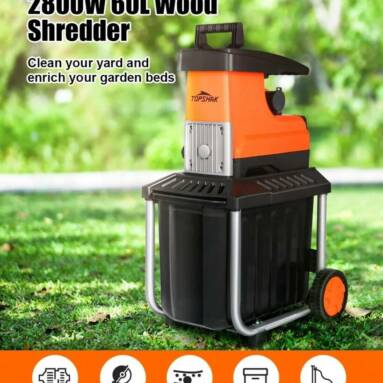 €119 with coupon for TOPSHAK TS-WS2 Electric Garden Shredder 2800W Wood Shredder 45MM Max Cutting Diameter 60L Plant Branch Shredder with Wheels from EU CZ warehouse BANGGOOD