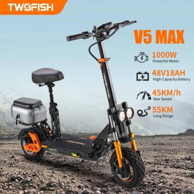 535 € avec coupon pour la trottinette électrique TWOFISH V5 MAX avec siège et coffre arrière, disponible dans l'entrepôt européen BANGGOOD