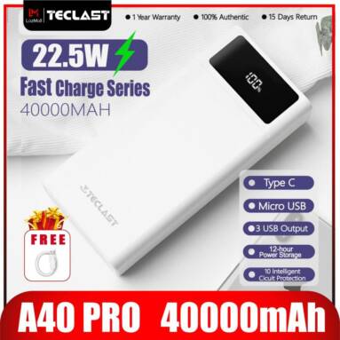 €37 with coupon for Teclast A40 Pro 20W PD 22.5W SCP QC3.0 40000mAh Power Bank LED Digital Display Dual Input & Four Outputs For iPhone 13 13 Mini 13 Pro Max For Samsung Galaxy S22 Xiaomi Mi11 Huawei P50 Pro from EU PL warehouse BANGGOOD