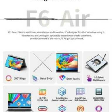 €251 with coupon for Teclast F6 Air Laptop 13.3 inch 360° Rotating Touch Screen Intel N4100 Quad-Core 8GB LPDDR4 RAM 256GB SSD 41.8Wh Batery 2.0MP Camera Metal Cases Notebook from BANGGOOD