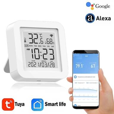 €10 with coupon for Tuya WIFI Temperature Humidity Smart Sensor Clock Digital Display Remote Control Thermometer Support Alexa Google Assistant – Type A from BANGGOOD