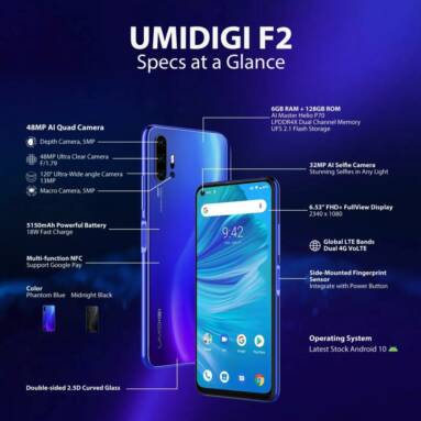 €151 with coupon for UMIDIGI F2 Global Bands 6.53 inch FHD+ Android 10 NFC 5150mAh 48MP Quad Rear Cameras 6GB 128GB Helio P70 Octa Core 4G Smartphone – Midnight Black EU Version from BANGGOOD