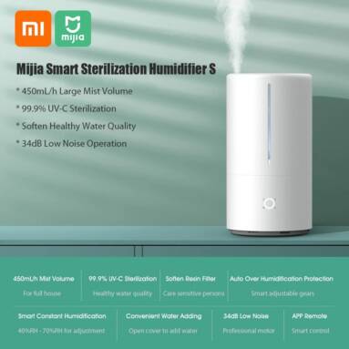 €82 with coupon for XIAOMI Mijia MJJSQ03DY Smart Sterilization Humidifier S 4.5L 3 Gear Spray Volume 450ml/h Soften Water Quality Low Noise with Mijia APP Control from BANGGOOD