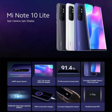 €224 with coupon for Xiaomi Mi Note 10 Lite Global Version 6.47 inch 6GB 64GB 64MP Quad Camera 5260mAh NFC Snapdragon 730G 4G Smartphone from BANGGOOD