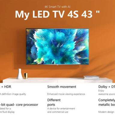 €340 with coupon for Xiaomi Mi TV 4S 43” 4K Smart TV DVB-T2/C Android TV HDR Amlogic 64-bit Processor Dolby Audio DTS HD HDMI*3 USB*2 Bluetooth EU WAREHOUSE from GEEKBUYING