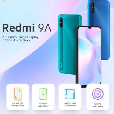 €89 with coupon for Xiaomi Redmi 9A 4G Smartphone 6.53 inch HD+ DotDrop Display 5000mAh Battery 13MP AI Rear Camera 2GB+32GB EU Plug Global Version  from GSHOPPER