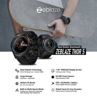 €124 with coupon for Zeblaze THOR 5 Dual System 1.39 inch AOMLED Screen Smart Watch Phone – Black from GEARBEST